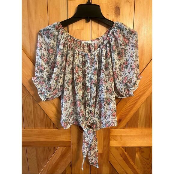 Poetry Women’s Sheer Button Up Tie Front Short Sleeve Blouse Floral Small (1557) - Picture 1 of 4